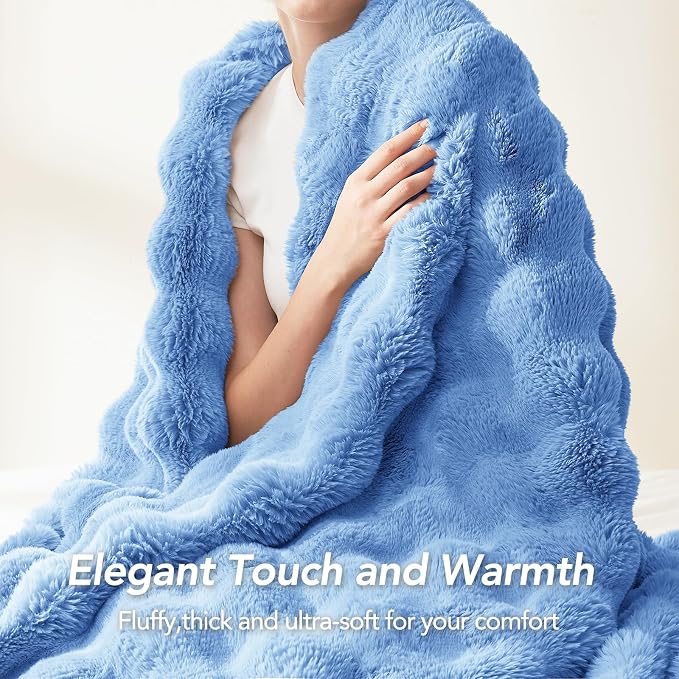 L'AGRATY Faux Rabbit Fur Throw Blanket for Couch, 90'' x 90'', Airy Blue | Soft Cozy Bubble Fluffy Blanket for Sofa Bed, Thick Warm Plush Fuzzy Throw for Room Home Decor, Luxury Gift for Women Mom