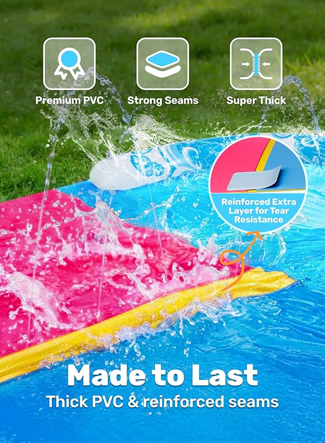 JOYIN 32.5FT Water Slide and 2 Inflatable Boards, Extra Long Heavy Duty Double Lawn Waterslide with Sprinkler for Kids Adults Backyard Summer Water Toy Outdoor Fun, Blue, Pink