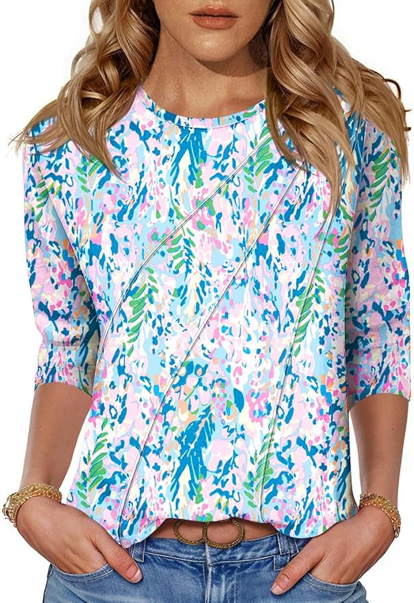 LOMON 3/4 Length Sleeve Womens Tops Spring Summer Fashion 2026 Tops Crew Neck Pleated Shirts Tunic Top Loose Fit