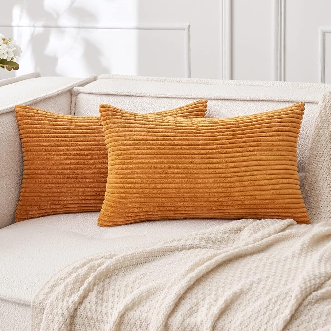 MIULEE Fall Lumbar Corduroy Throw Pillow Covers Set of 2 12x20 Burnt Orange | Decorative Striped Textured Cushion Cases, Boho Rustic Pillowcases for Home Decor, for Couch Chair Sofa Bed Living Room