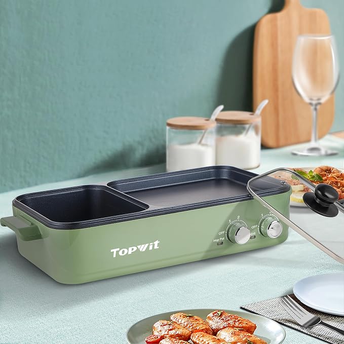 Topwit Hot Pot with Grill, Korean BBQ Grill, 2-in-1 Electric Pot | Nonstick Coating, Dual Temperature Control, Fast Heating, Ideal for Korean BBQ, Shabu Shabu, Noodles, Steaks and Family Meals