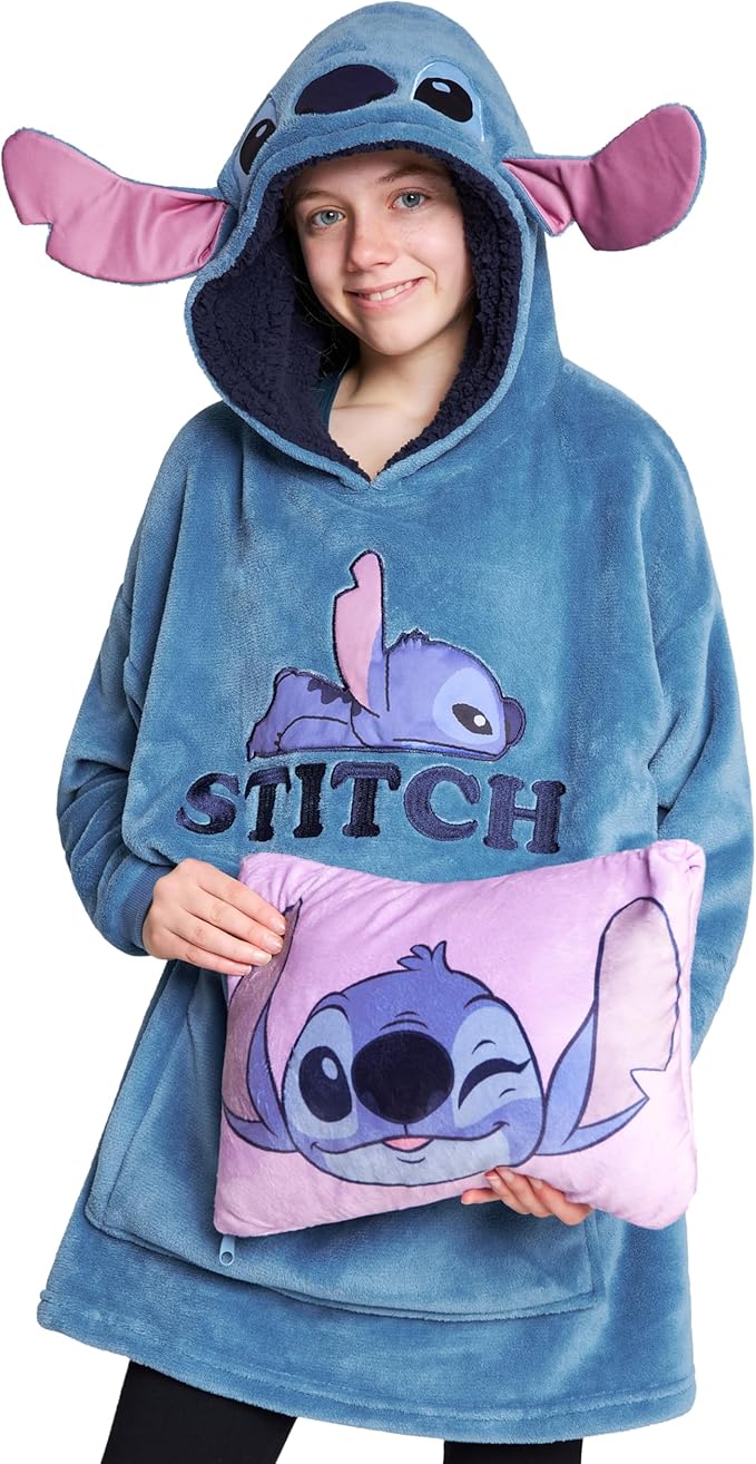 Disney Blanket Hoodie for Kids, 2-in-1 Folds into Travel Cushion, Stitch Baby Yoda Maleficent Eeyore, Gifts for Girls Boys