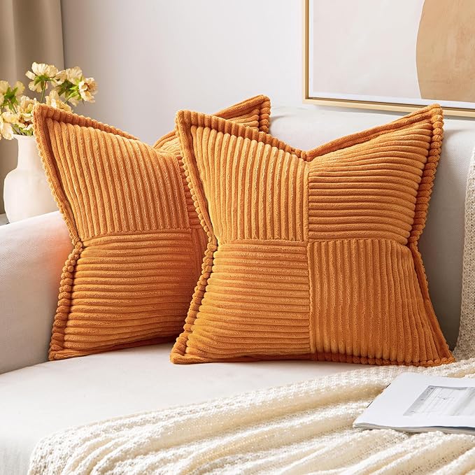 MIULEE Fall Burnt Orange Decorative Throw Pillow Covers 20x20 Inch 2 Pack | Boho Broadside Striped Patchwork Pillow Covers, Soft Corduroy Cushion Cases, For Couch Sofa Bed Livingroom Home Decor