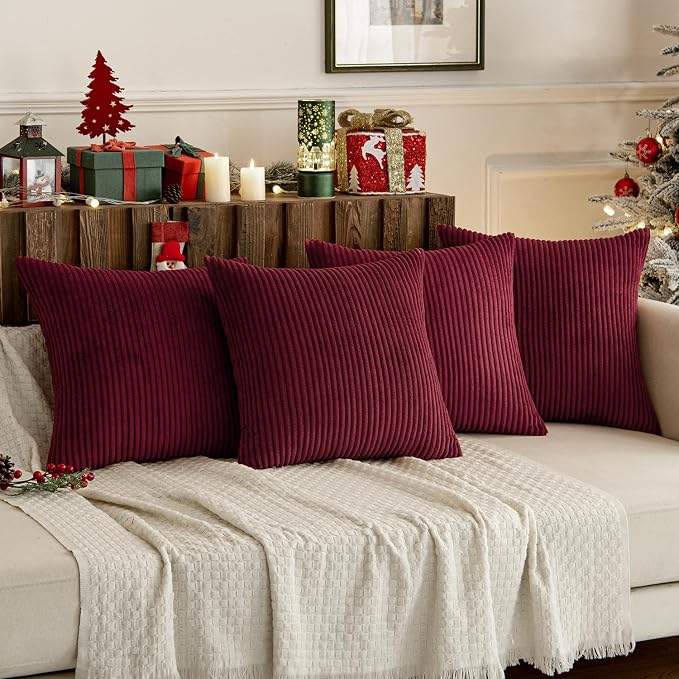 MIULEE Soft Corduroy Decorative Throw Pillow Covers Burgundy 18x18 | Set of 4, Mordern Nordic Christmas Decor, All Same Color Set, Boho Farmhouse Cushion Covers for Couch Bed Sofa Living Room