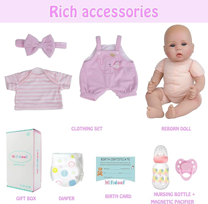 Milidool Lifelike Reborn Baby Dolls Realistic Baby Girl Dolls 18Inch Newborn Baby Girl with Pink Doll Clothes with Elephant Pattern for Kids Age 3+