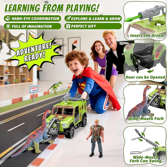 EKU Dinosaur Truck with 10 Sounds, Launcher, Wide-Mouth Fork, Human, Heads Moves Attack Brachiosaurus Figure, Push and Go Adventure Vehicle for Jurassic World Toys Pretend Play Gifts for Kids 3+