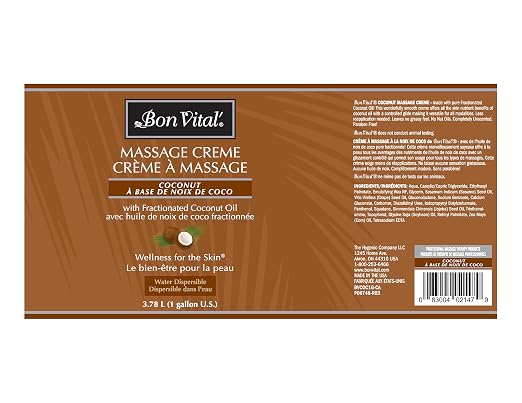 Bon Vital' Coconut Massage Crème Made with 100% Pure Fractionated Coconut Oil, Massage Cream & Moisturizer to Repair Dry Skin, No Greasy Feel, Anti-Aging Cream for Professional Massage, 1 Gallon Jar