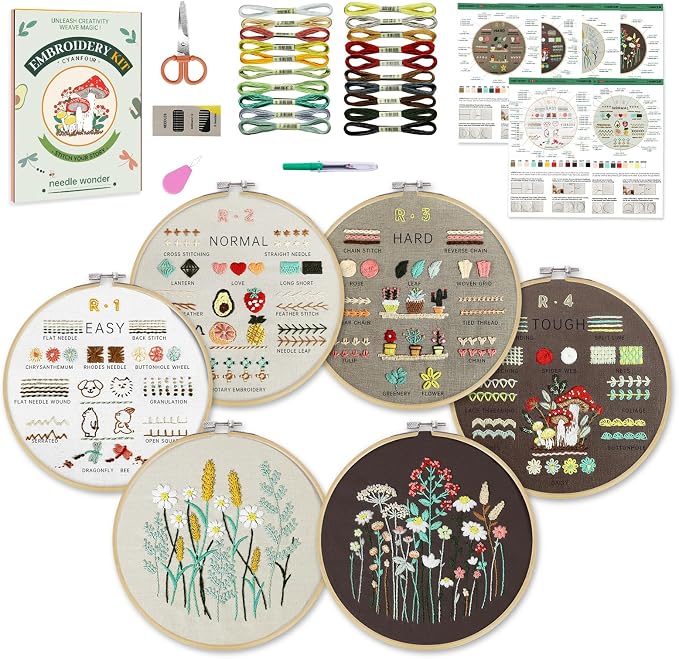 CYANFOUR 6 Stage Embroidery Kit for Beginners Adults, Easy to Learn 38 Different Stitches from Instruction & Video, Needlepoint Kits for Adults with Stamped Embroidery Patterns