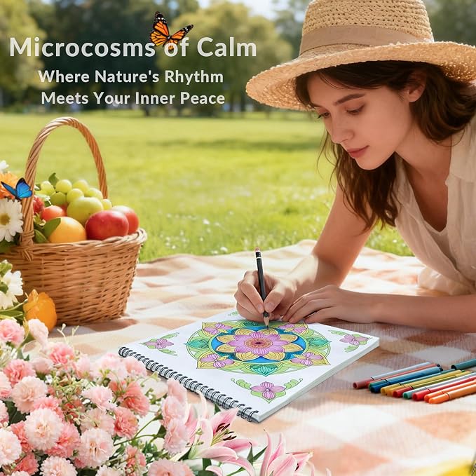 FUNLAVIE Adult Coloring Book - Mandala Coloring Books for Adults Relaxation and Teens Stress Relief, Featuring Large Print Mandalas Insect & Bloom Patterns for Women Mindfulness, Spiral Bound