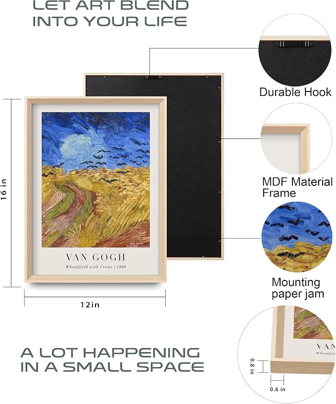 HesenDot Van Gogh Framed Wall Art,Vintage Canvas Prints Set of 3 | 12x16IN Canvas Prints,Wheatfield Sunflowers Landscape Art,High Framed Design Wall Decor Living Room Bedroom Bathroom Office