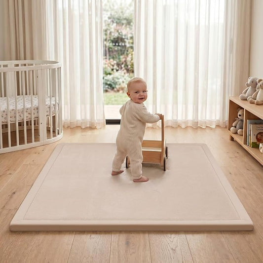 ACOMOPACK 1.3" Thick Baby Play Mat for Floor,50x50 Elasti-Foam Playpen Mat for Kids,Infants,Toddlers, Ultra Soft Crawling Mat with Non-Slip Bottom,Tummy Time,Nursery Rug,Yoga,Tatami（Beige）