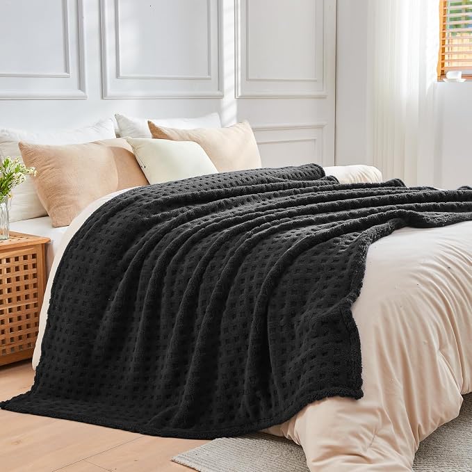 NEWCOSPLAY 3D Waffle Checkered Flannel Queen Blanket, Black, 90"x90" | Super Soft Cute Lightweight Decorative Premium Silky Fleece Blanket for Couch Sofa Bed, Gift for Women Men, All Season Use