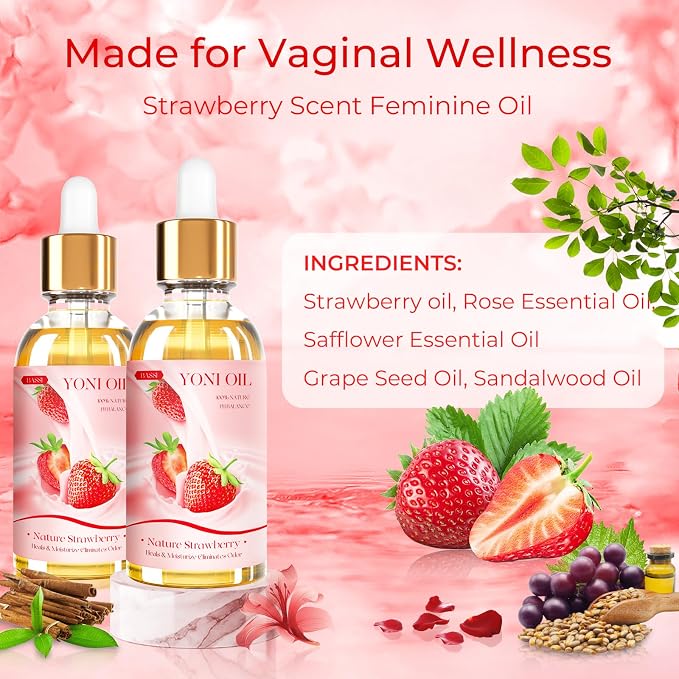 BASSI 3PCS Yoni Oil Organic Feminine Oil Vaginal Moisturizer - Ph Balance for Women - Eliminates Odor Feminine Deodorant - Soothes Ingrown Hair with Strawberry Peach Apple Essential Oil, 1 fl oz/pc