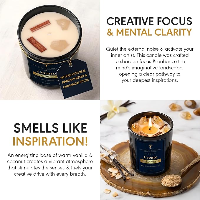 Aromatherapy Scented Candle for Creativity & Inspiration – Hand-Poured Soy Candle Infused with Vanilla, Coconut, Cinnamon & Rose Quartz Crystals – 50 Hrs Burn Time & 10.5 Oz – Ideal Birthday Gift
