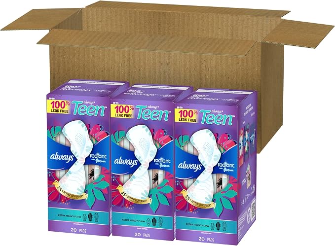 Always Radiant Teen Pads, Size 3, Extra Heavy, with Wings, Unscented,60 Count (Pack of 2)