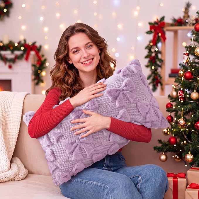 Mixweer Purple Bow Pillow Covers Set of 2 Preppy Room Decor Coquette Cute Spring Summer Decorative Faux Fur Soft Bowknot Stuff Fluffy Plush Aesthetic Pillowcase for Bed Sofa Couch (12 x 20 Inch)