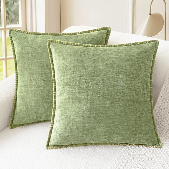 CaliTime Decorative Couch Throw Pillow Covers 22 X 22 Inches Sage Green | Pack of 2, Cozy Chenille Cushion Cases, Cotton Thread Stitching Edges, for Sofa Bed Living Room Farmhouse