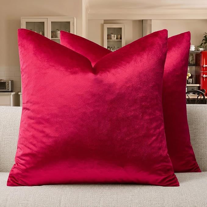 GIGIZAZA Red Velvet Pillow Covers 22x22 Decorative Pillows Pack of 2 | Throw Pillows for Couch Sofa,280gsm Soft Textured Fabric,Modern Square Pillowcases,Luxury Cushion Covers