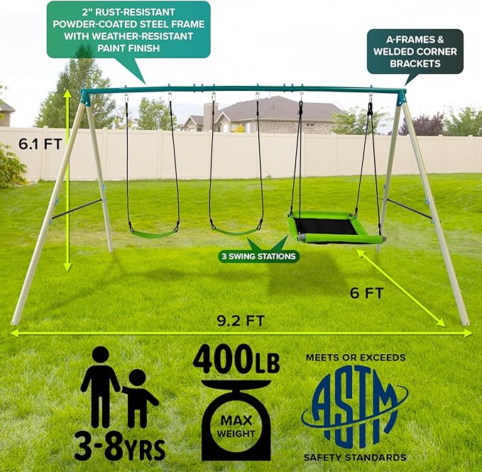 Sportspower Swing & Fly Metal Swing Set with 2 Sling Swings & 2-Person Skyflyer Swing, Heavy-Duty 2" Steel Frame, Outdoor Playset for Kids, Bonus 4-Piece Anchor Kit