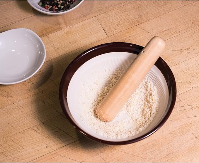 Helen's Asian Kitchen Classic Suribachi Set, Japanese Ceramic Mortar Bowl and Wooden Pestle for Grinding Sesame Seeds, Herbs, and Spices