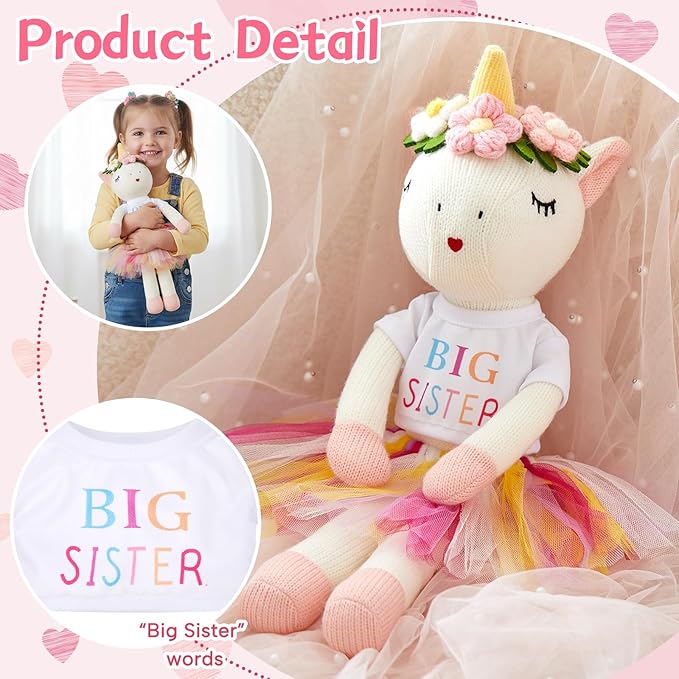 Big Sister Gift for Girls 17 Inches Unicorn Stuffed Plush Doll Short Sleeve Top and Colorful Tutu Skirt Gifts for Girls Toddler