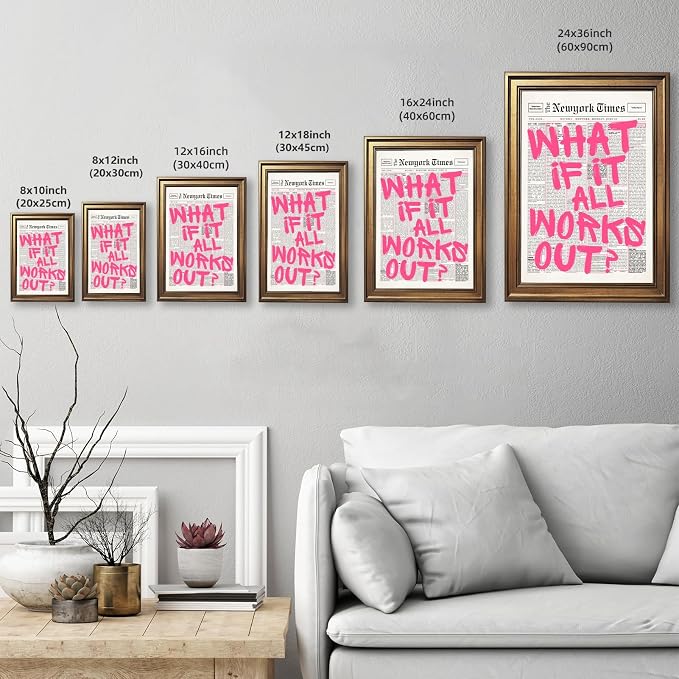 What If It All Works Out Poster Retro Newspaper Pink Wall Art Positive Affirmation Quote Minimalist Canvas Painting Prints Wall Decor Aesthetic for Home Bedroom Office 12x18inch Gold Framed