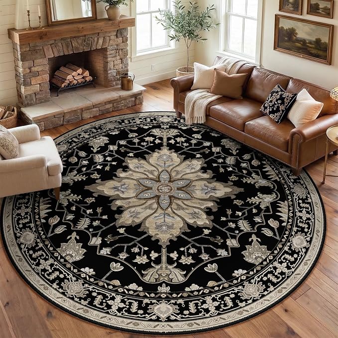 RELEANY Area Rugs Round 8ft Washable Non-Slip, Floral Vintage Distress Medallion Carpet for Living Room Bedroom Dining Room, Black Brown Neutral Dark Tan