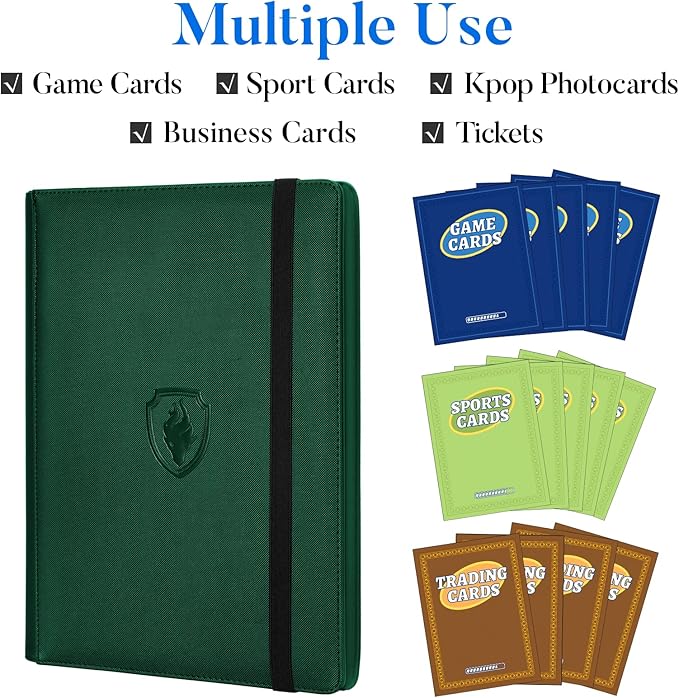 Premium 9 Pocket Card Binder for 360 Cards, Fabmaker PU Cover Trading Card Binder, Sturdy Card Collection Album, Sleek Card Holder Folders for Game Cards & Sports Cards, Dark Green