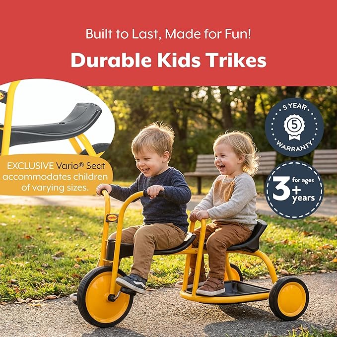 MYRIDER Toddler Trike, Kids Tricycle for Preschool, Daycare, Playground Kids Tricycles, Rubber Tires, Yellow/Black, 12" Tandem