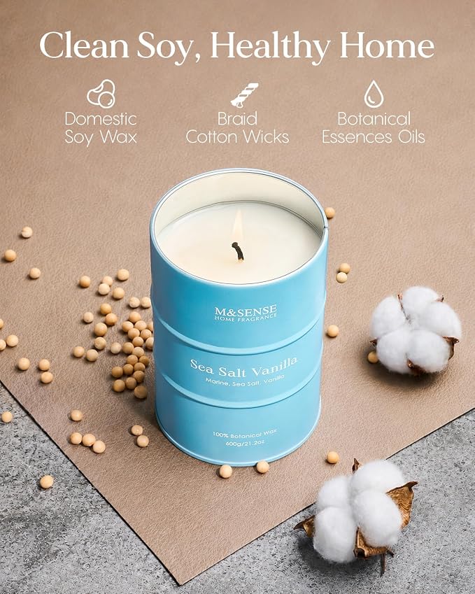 M&SENSE Sea Salt Vanilla Scented Candles Large Beach Candle, Natural Soy Summer Candles 21.2oz 120 Hour Slow Burning,Aromatherapy Candle for Stress Relief Meditation Relaxing