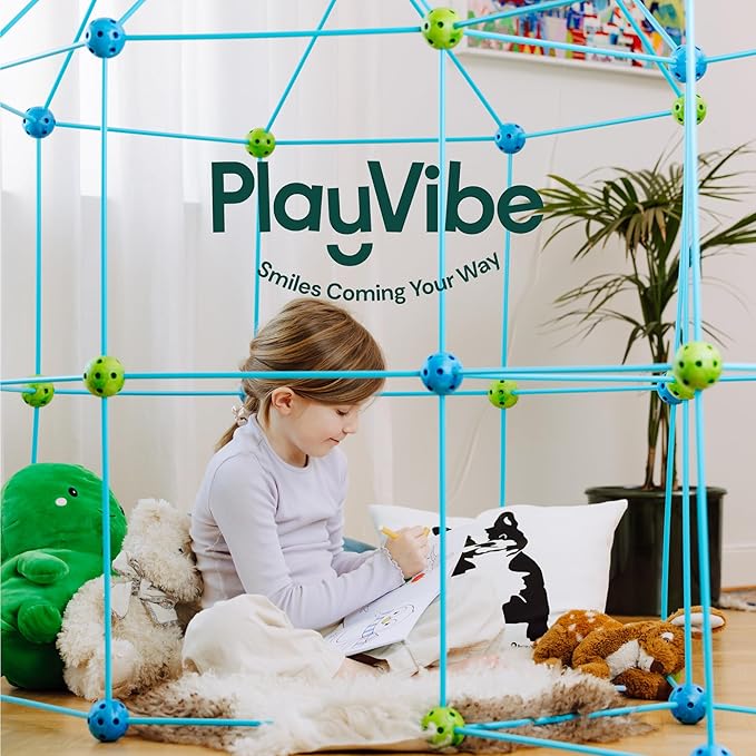 PLAYVIBE Fort Building Kit - 130 Pieces, Blue - Indoor & Outdoor Play, STEM Toy & Building Toys & Creative Forts