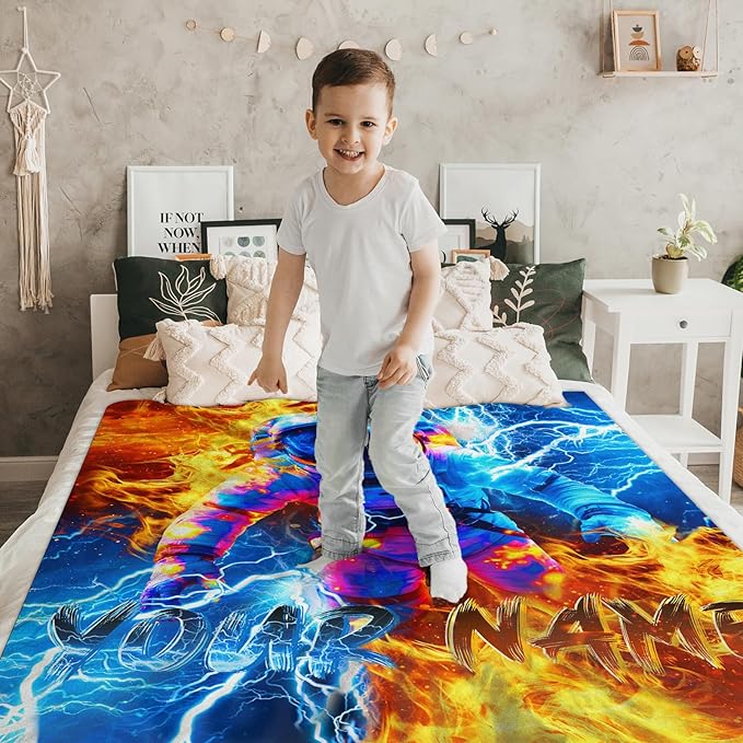 Boys Personalized Blanket Gift Astronaut Throw Blankets for Kids Teens, 50x60 Inches Lightweight Soft All Season Cool Custom Decor Throw for Sofa Chair Couch Bed Office