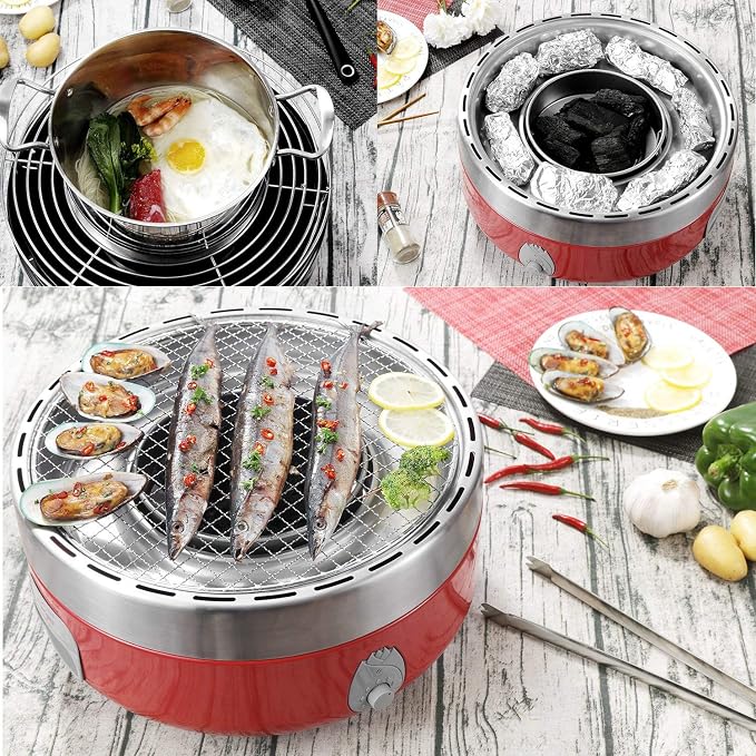 Portable Smokeless Charcoal BBQ Grill - Outdoor Camping Small Tabletop Cooking Mini Barbecue - Built in Fan Power by 4A Battery Or Phone Charge