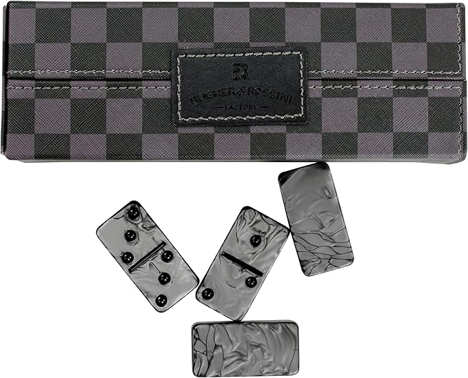 Dominos Set for Adluts - Double 6 Jumbo Domino Set - 28 Thick Marbleized Black and Gray Tiles - Dominoes Set for Adults and Kids, Classic Board Game for Family Nights & Travel (Black & Grey Case)