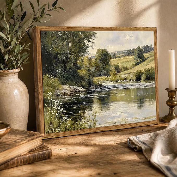 Framed Vintage Landscape Wall Art, Country Nature River Pictures Wall Decor, Rustic Field Paintings Canvas Prints Farmhouse Home Decor Aesthetic for Living Room Bedroom Bathroom 16x24 inch