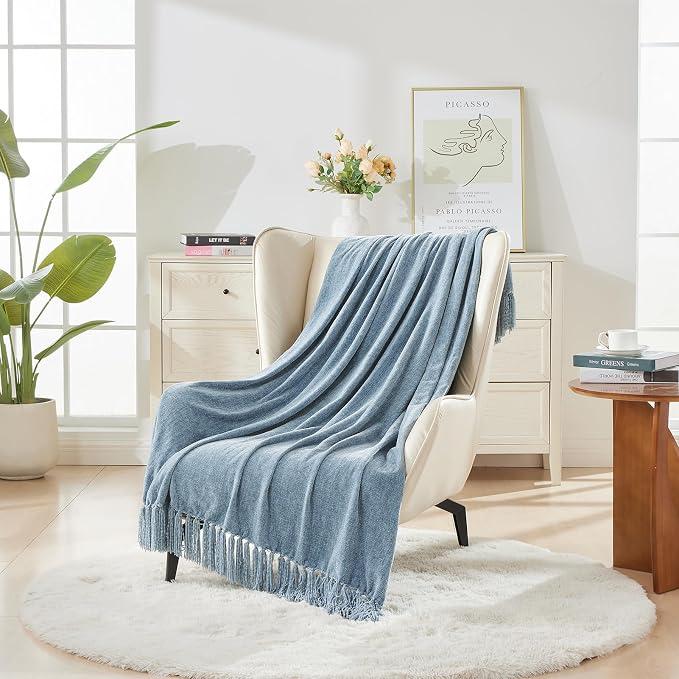 CozeCube Chenille Throw Blanket, Dusty Blue Fringe Blanket, 50"X60" | For Couch, Cozy Plush Fuzzy Decorative Blanket with Fringe Tassels, Lightweight Throws for Bed Sofa Gift Home Decor