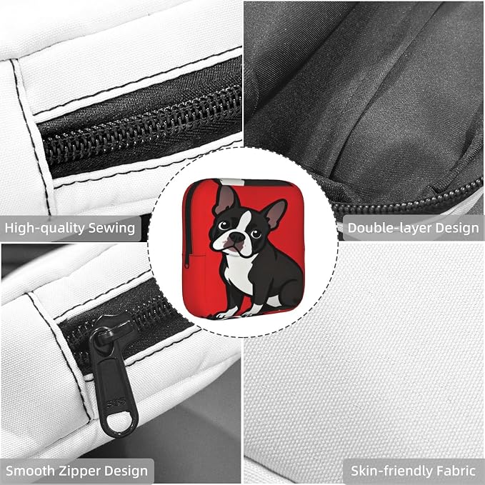 Multifunctional Period Storage Bag for Women Boston Terrier Dog Red, Compact Tampon Holder Pouch, Polyester Pad Bag Stores Cosmetic Jewelry Keys