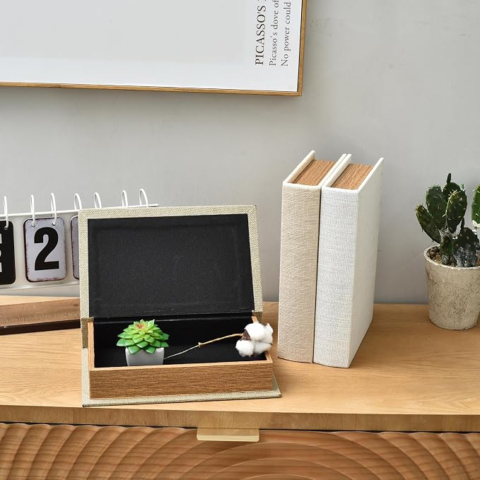 DECOR4SEASON Modern Linen and Wood Decorative Faux Book Boxes Set of 3,10" | Taupe,Beige,Off White