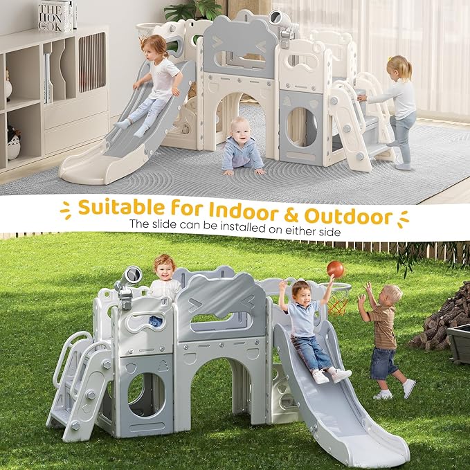 Toddler Slide Indoor, 8 in 1 Indoor Playground for Kids 1-3 Toddler Playset with Climber, Basketball Hoop, Tunnel and Storage Space Kids Outdoor Slide Playset (Grey)