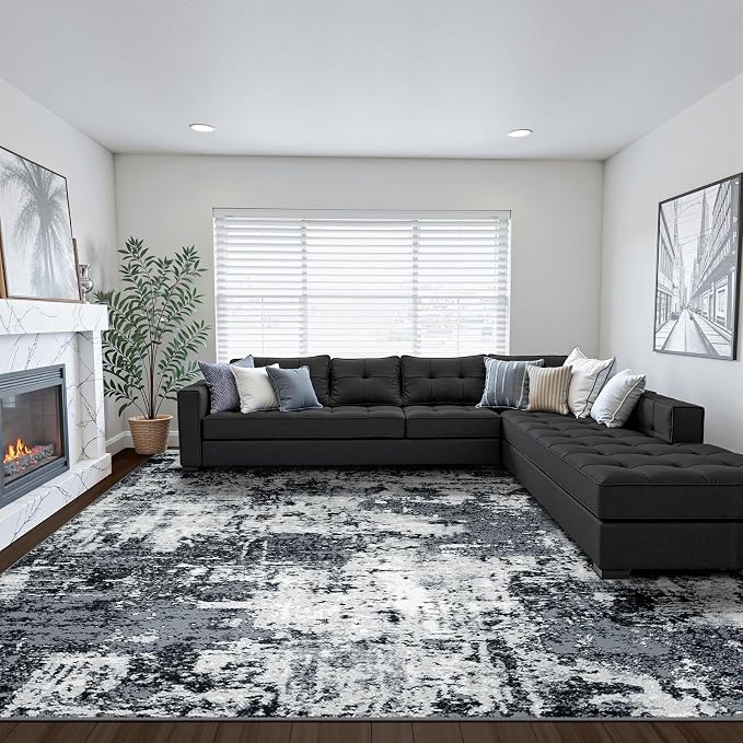 RELEANY Washable 8'x10' Abstract Area Rug for Living Room Black White | carpet for bedroom, kitchen, office, hallway and entryway, printed pattern, non-slip, soft, stain-resistant, easy to clean