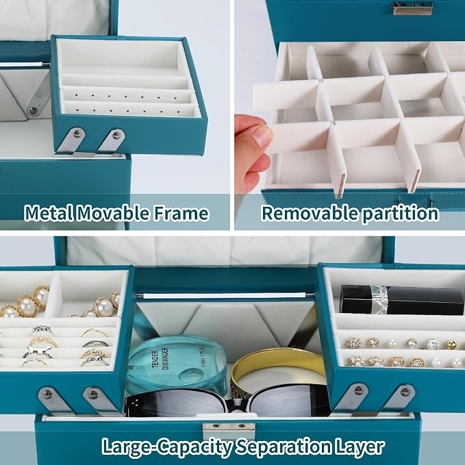 Jewelry Organizer Box, Large Jewelry Boxes for Girls, Space-Saving 4 Layers Jewelry Storage Case with Drawer, Gift for Women, PU Leather, Movable Metal Stand, Modern (Blue)
