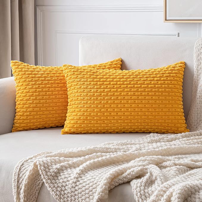 MIULEE Lumbar Decorative Throw Pillow Covers 12x20 Golden Yellow Corduroy | Textured Striped Pack of 2 Striped Pillow Covers Modern Farmhouse Home Decor for Couch Bed Sofa Living Room