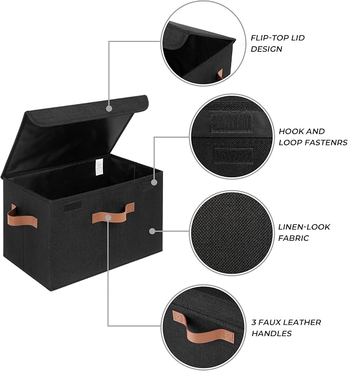 GRANNY SAYS Memory Keepsake Storage Box, Fabric Storage Bins with Lids | Flip-Top Lid, Collapsible, Stackable, 3 Handles, Ideal for Closet Clothes Blanket Toys, Large, Black, 2-Pack
