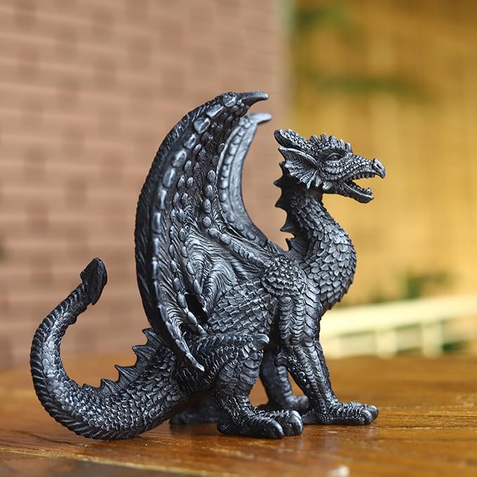 Gothic-Themed Dark Dragon Statue Figurine 8'' Long Majestic Dragon Medieval Mythic Guardian Collectible Fantasy Decoration Home Office Shlef Mantel Decor Gifts
