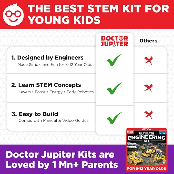 Doctor Jupiter Ultimate Engineering Kit for Kids Ages 8+ | Build Your Own Catapult, Race Car & Scribbling Robot | Birthday Gift Ideas for Boys & Girls 8-9-10-11-12 Year Olds | STEM Kit,Educational Toy