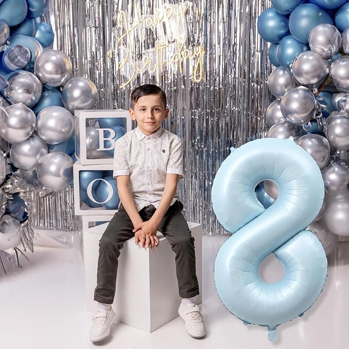Foil 8 Balloon, Light Matte Blue Big Number 8 Balloons for Boys Birthday Party Decor, 40'' Mylar Helium Self Inflating Number 8 Pastel Baby Blue Balloon for 8th Birthday Party Anniversary Decorations