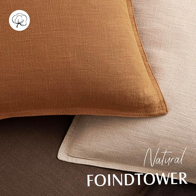 Foindtower Set of 2, Decorative Linen Solid Throw Pillow Covers Soft Accent Cushion Euro Case Boho Farmhouse Pillowcase for Chair Couch Sofa Bedroom Living Room Home Decor 18 x 18 Inch Autumn Orange