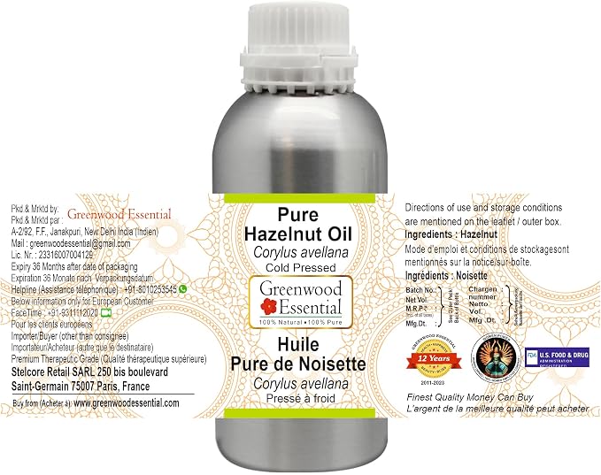 Greenwood Essential Pure Hazelnut Oil (Corylus avellana) Cold Pressed 300ml (10 oz)