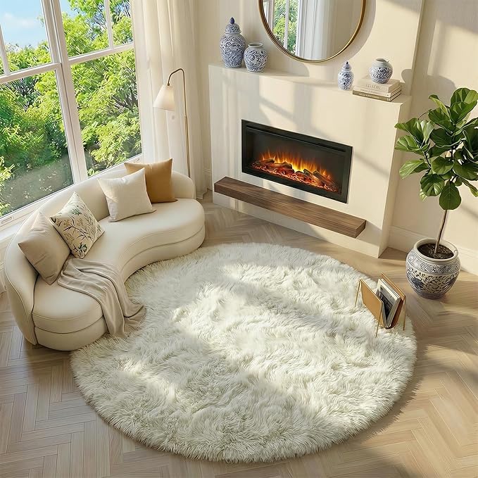 Amdrebio Ivory White Big Round Rug 7Ft for Kids Bedroom Aesthetic, Fluffy Fuzzy Furry Circle Area Rugs for Living Room, Large Plush Soft Shaggy Cream Carpet for Baby Nursery Classroom Teen Girls Boys