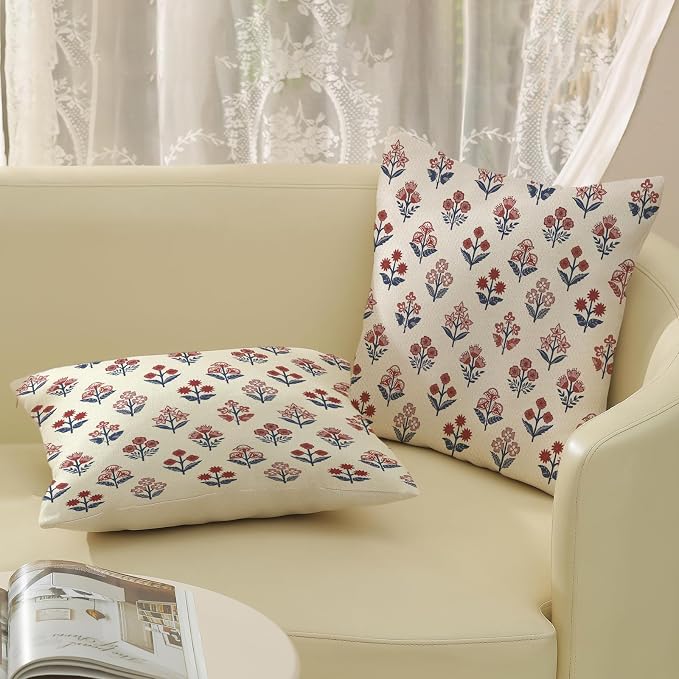 Red Blue Pillow Covers 20x20 Inch Set of 2 Patriotic 4th of July Throw Pillows Vintage Flower Boho Block Print Floral Decorative Pillow Cases Outdoor Linen Cushion Cover for Couch Sofa Decor